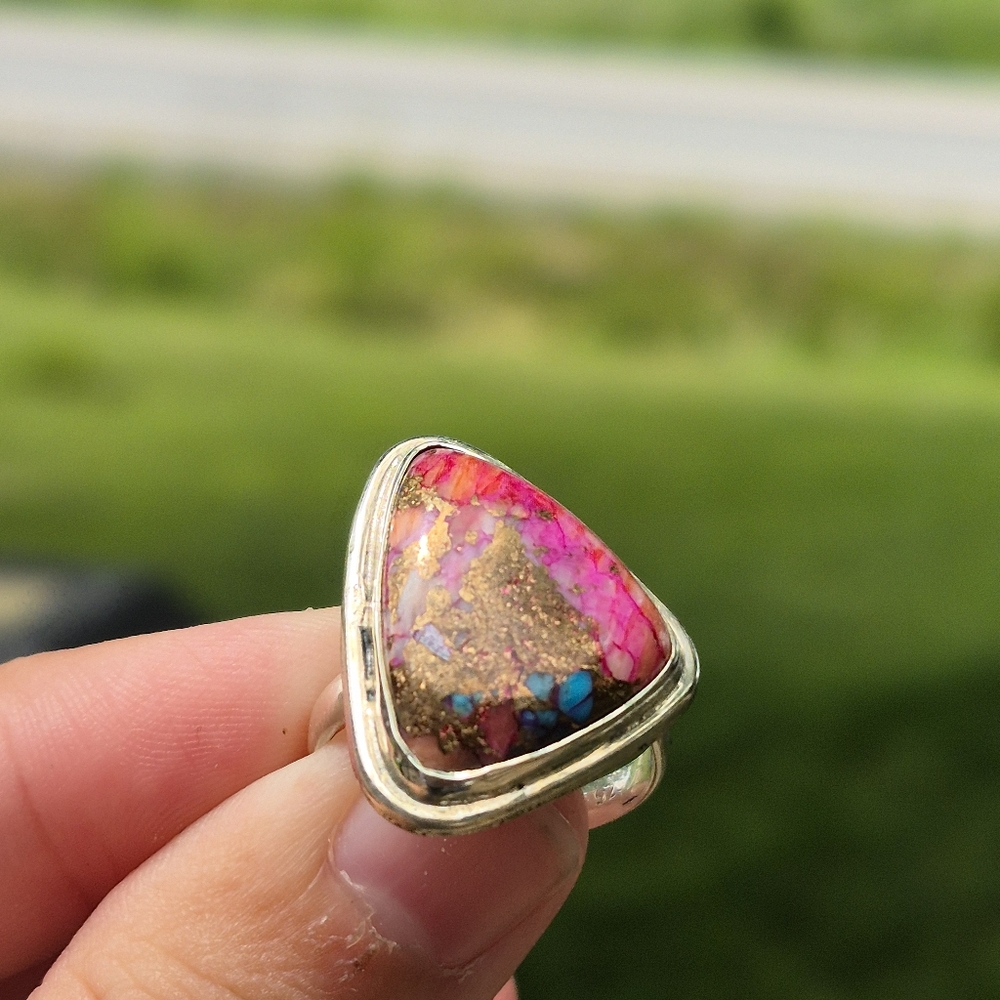 925 Silver Pink Cotton Candy Cooper Turqouis Artisanal Handmade Ring - Picture 3 of 11